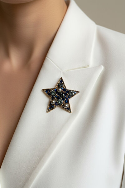 lumosart Altın Renk Lacivert Taşlı Yıldız Kadın Broş – 4x4 cm