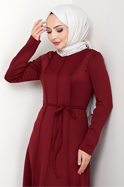 Bestenur Akten Drawstring Scuba Dress 1619 - Burgundy