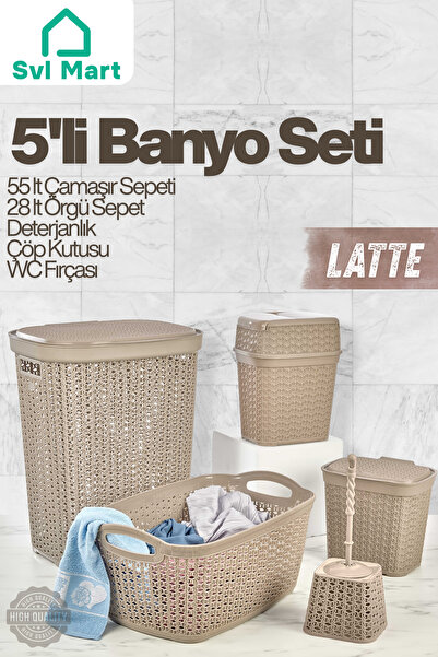 SVL MART 5'li Banyo Çeyiz Seti 55 Litre Çamaşır Sepeti Örgü Sepet Deterjanlık...