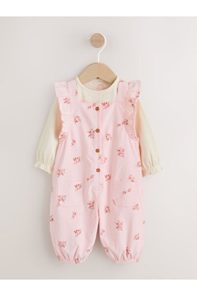 Next Baby Cotton Light Pink Floral Patterned Salopet Bodysuit Set
