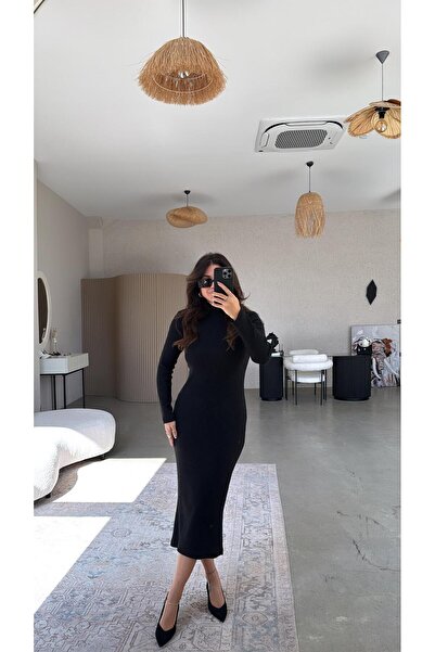 Buket Teke Μαύρο πλεκτό φόρεμα από μαλλί ψαρά