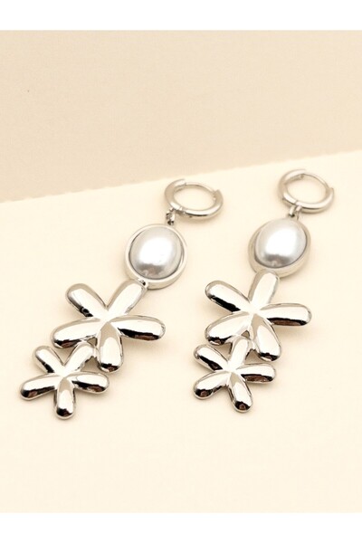 Siya Silver Kararmaz Çelik Çift Papatyalı İncili Sallantılı Uzun Küpe - 6,5 cm