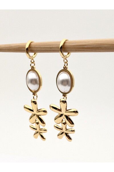 Siya Silver Kararmaz Çelik Çift Papatyalı İncili Sallantılı Uzun Küpe - 6,5 cm