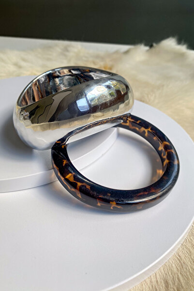 lumosart Gümüş ve Leopar Desenli Kadın Kemik Bileklik Seti – 7 cm çap