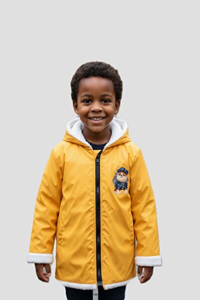 Baby Pearly Çaren Kids - Fur Lining Zipper Closure Hooded Back Print Detailed Unisex Children's Raincoat