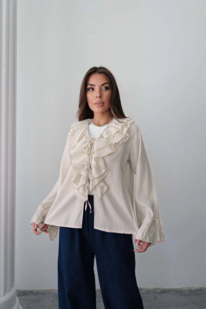 Hatun Atila Ruffled Tie Detail Long Sleeve Blouse 8834 - Beige