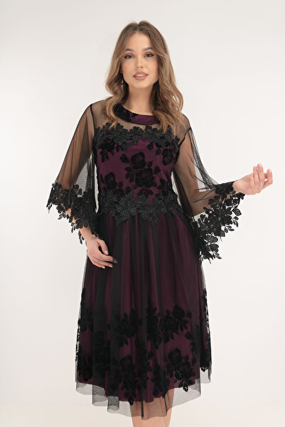 cupper Elegant purple dress with black tulle and floral embroidery