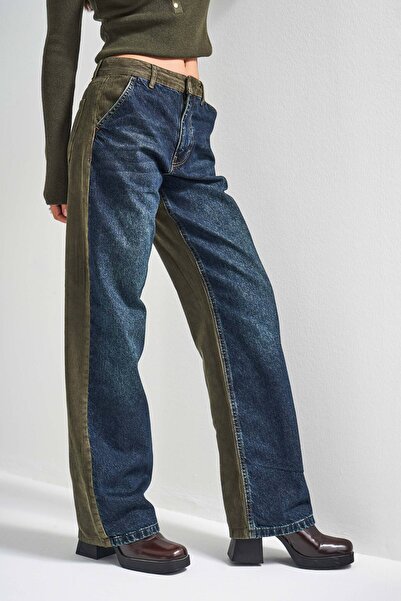 its basic Kadın Haki Kot Rengi 2w5-31 Loose Fit Kadife Denim Kumaş Tasarım Denim Jean