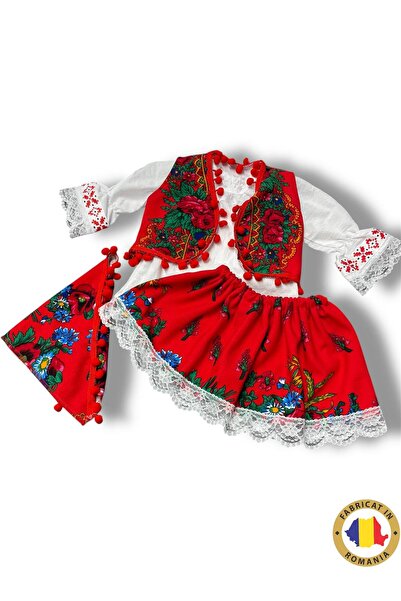 Inovius Costum Traditionat fetite - Rosu cu ciucuri 4 Ani