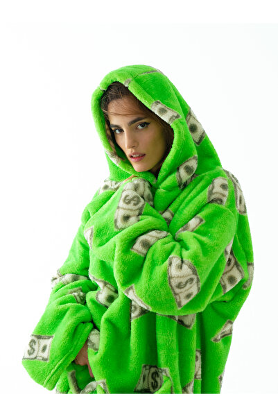 fluffy Oversize Peluş Hoodie Battaniye – Para Desenli, Cepli, Unisex TV Battaniyesi Sweatshirt