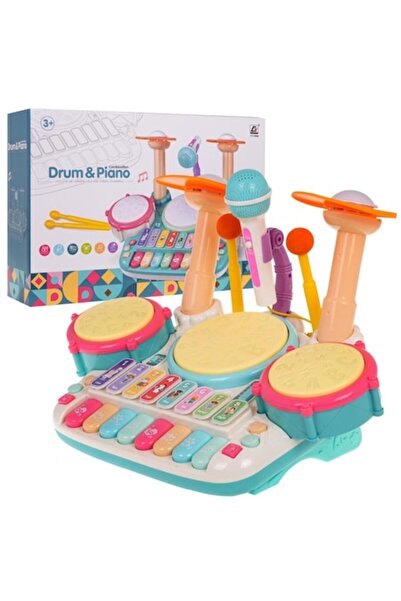 Ramiz Set muzical Tobă și Pian Pentru copii, Microfon, Sunete, 43 cm, Multicolor, Dalimag