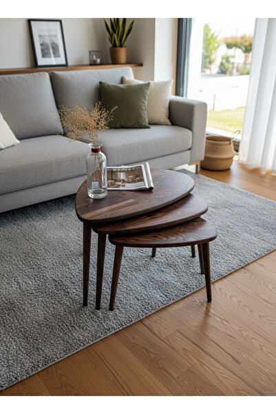 hwcfurniture Masif Kestane Ahşap 3lü Zigon Sehpa Seti, Koyu Renk Modern Yan S...