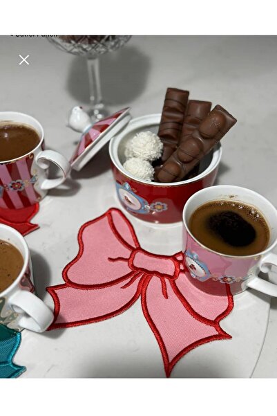 İNCİ ÇEYİZ 6 Pieces Linen Fabric Bow Pattern Processing Coffee Side Cocktail Napkin & Coasters.