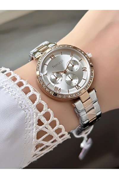 Ferrucci Women's Round Stone White Dial Silver Rose Gold Metal Band Wristwatch