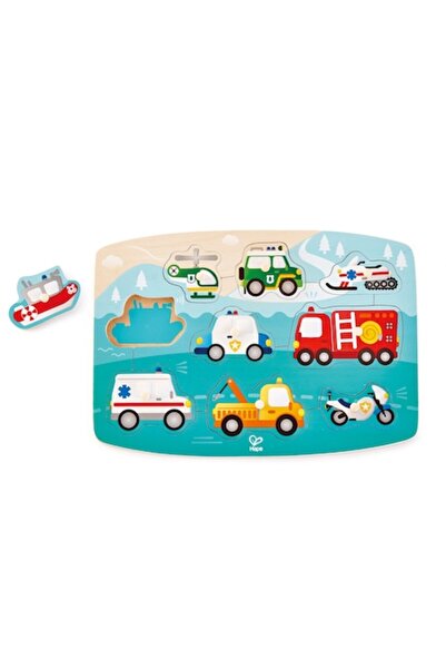 Hape Puzzle din lemn cu butoni, Autovehicule de interventie, 10 piese