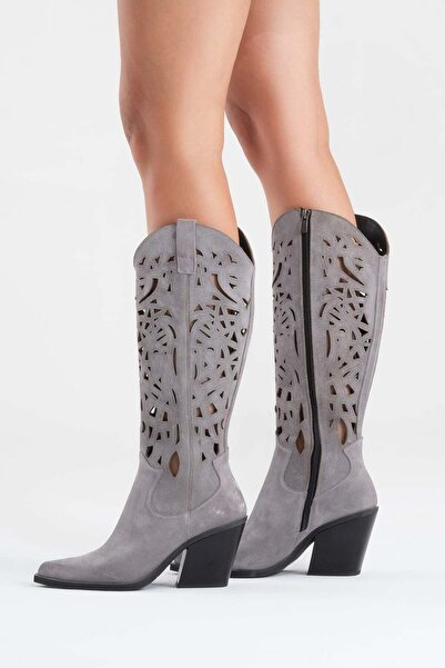 Zeynep Sıradağlı Γυναικείες μπότες Western από γνήσιο δέρμα Harlina σε γκρι σουέντ
