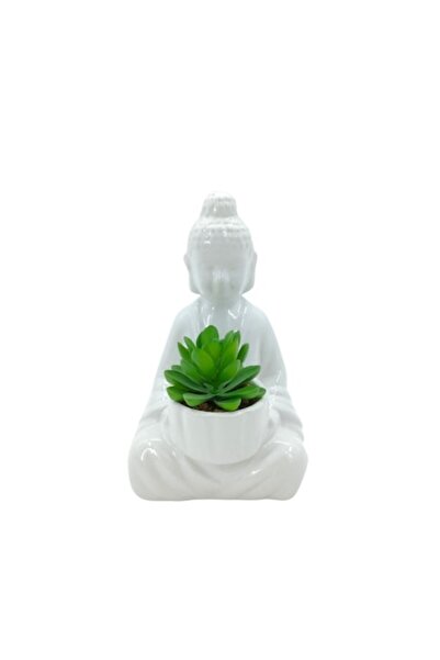 OEM Decoratiune Buddha cu plante artificiale, AK0323279, ceramica, alb + verd...