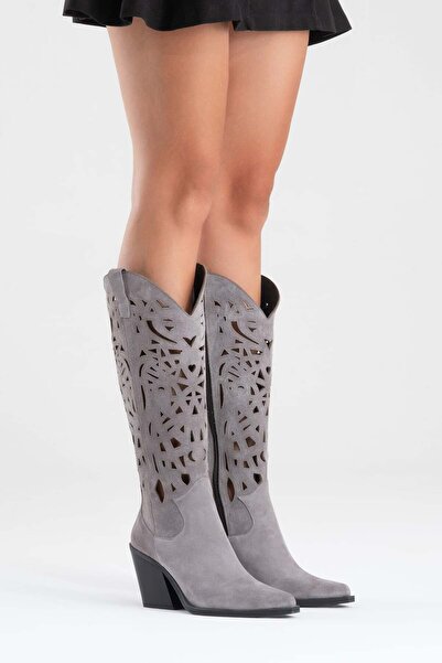 Zeynep Sıradağlı Γυναικείες μπότες Western από γνήσιο δέρμα Harlina σε γκρι σουέντ