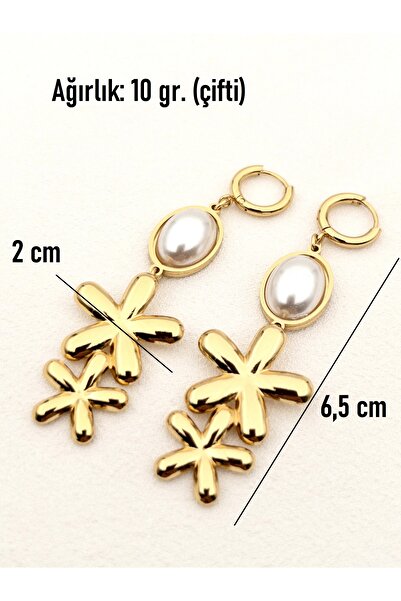 Siya Silver Kararmaz Çelik Çift Papatyalı İncili Sallantılı Uzun Küpe - 6,5 cm