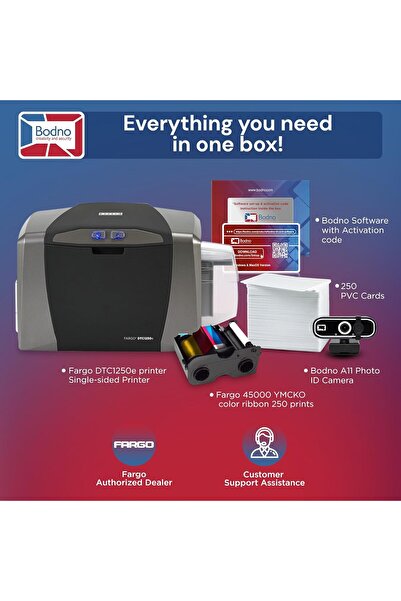 Fargo Bodno DTC1250e Single Sided ID Card Printer & Complete Supplies Package with Silver Edition So