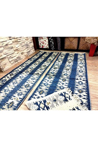 OEM Covoare tradiționale 1+1, dimensiune 60 x 200 cm, albastru și crem, model rustic