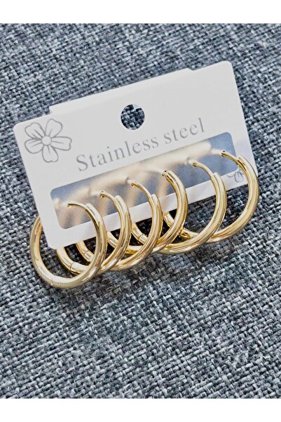 Siya Silver Unisex 316l Cerrahi Çelik Gold Renk 3 Çift Set Halka Küpe - 3 Boy 21-23-25 mm