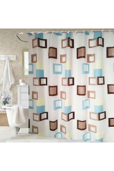 OEM Shower curtain SWSC-164, geometric pattern, white / brown / blue, 180 x 200 cm