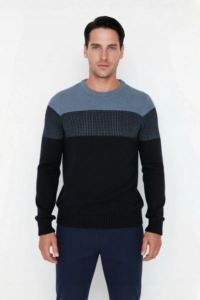 PayBuy Men's Fitted Crew Neck Long Sleeve Color Block Acrylic Knit Sweater Ideal for Everyday Chic
