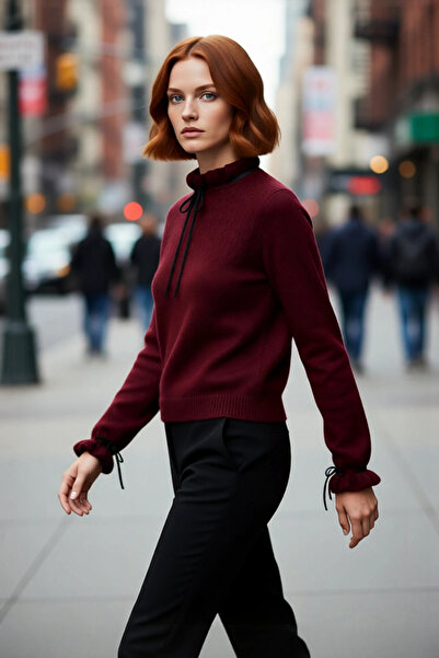 PayBuy Women's Regular Fit Stand Collar Openwork Lace-Up Detailed Knitwear Sw...