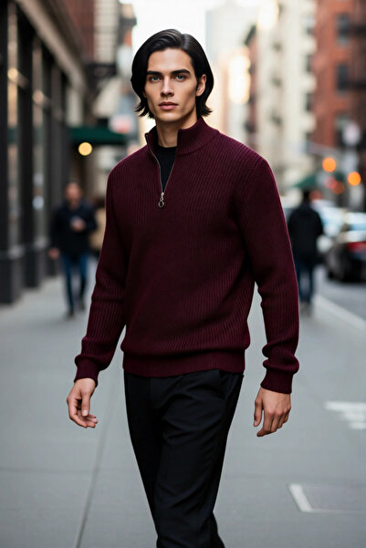 PayBuy سترة تريكو رجالية ذات قصة عادية وياقة قائمة بسحاب، مثالية للطقس البارد في الشتاء.