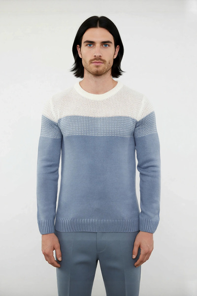 PayBuy Men's Fitted Crew Neck Long Sleeve Color Block Acrylic Knit Sweater Ideal for Everyday Chic