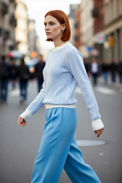 PayBuy سترة نسائية مخططة باللون الأزرق الفاتح بأزرار وياقة دائرية وأكمام طويل...