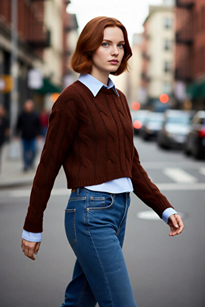 PayBuy Women's Regular Fit Hair Braid Pattern Low Sleeve Crop Knitwear Sweate...