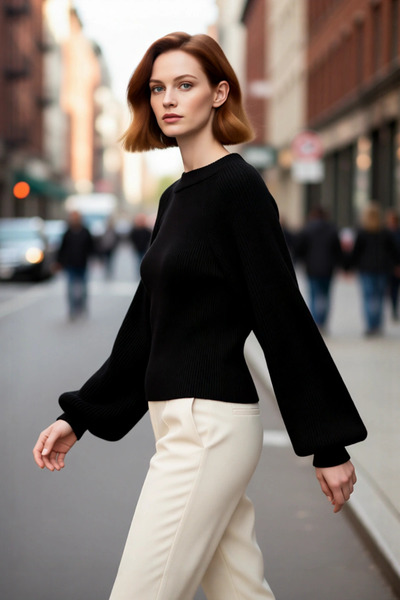 PayBuy Tricotaj cu guler înalt pentru femei, cu mânecă lungă, țesut cu nervur...