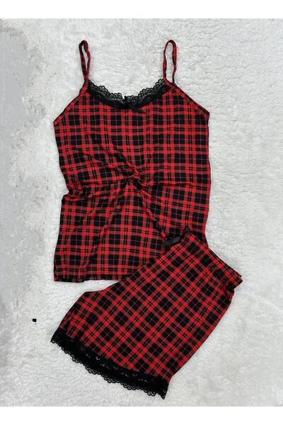 VAJESTO Γυναικείο κοστούμι πιτζάμα με κόκκινο σορτς με κορδόνια, νυχτικό με λ...