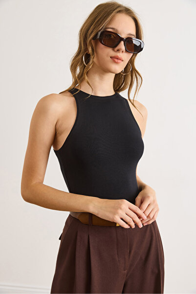 Olalook Women's Black Crew Neck Tok Buzzy Ribbed Stretchy Blouse Blz-19003138