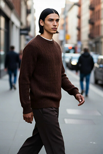 PayBuy Men's Regular Fit Crew Neck Textured Knitwear Brown Sweater the Beginn...