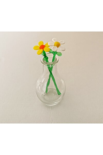 ADAMODART Minyatür 2'li Cam Papatya ve Mini Vazo Set - Beyaz ve Sarı