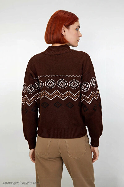 PayBuy Women's Brown Ethnic Patterned Stand Collar Regular Fit Low Sleeve Thick Knitwear Sweater Winter