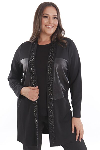 Metpoint Trend42Plus Plus Size Black Cardigan with Leather Piece on the Front and Stone Print
