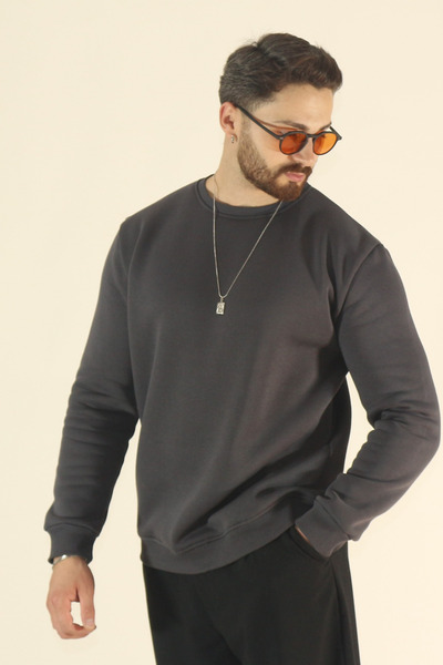 EydaMoon Erkek Basic Kışlık İçi Polarlı Sweatshirt - Koyu Füme Regular Bisiklet Yaka