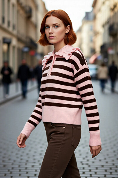 PayBuy Pulover de tricotat crop pentru femei, kaki, cu dungi, cu guler răstur...