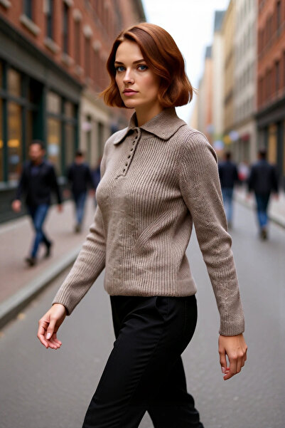 PayBuy سترة نسائية بياقة بولو ذات نمط عادي وقصة عادية من التريكو المنسوج في سالونيك، مناسبة للربيع والخريف والشتاء