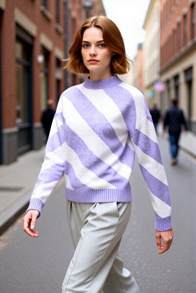 PayBuy Pulover de tricotat pentru femei, cu croiala relaxată, cu dungi mov, c...