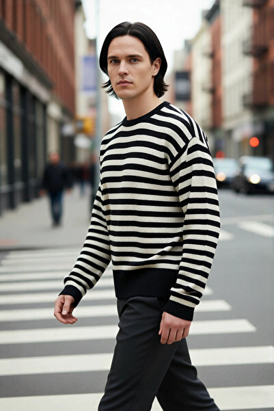 PayBuy Pulover pentru bărbați, oversize, cu decolteu rotund, cu dungi, tricot...