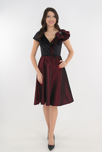 Vanessa Line RO Κομψό κλος φόρεμα από μπορντό ταφτά και βελούδο με γκλίτερ