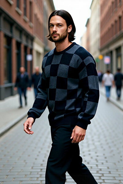PayBuy Men's Oversized Crew Neck Plaid Knit Sweater Offers Everyday Elegance ...