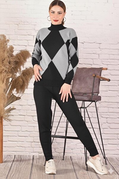 Şule Giyim Patterned Seasonal Knitwear Set Black