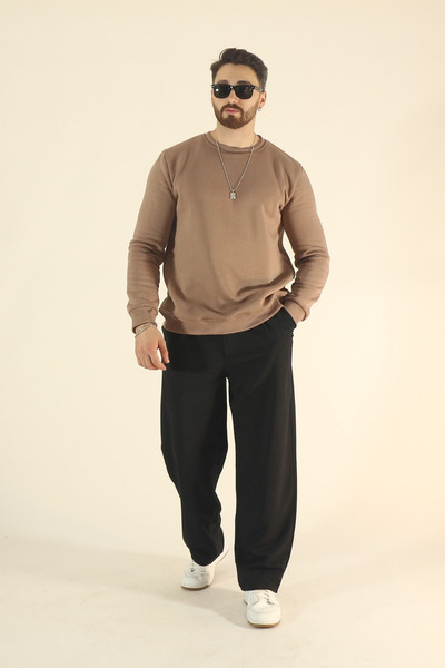 EydaMoon Мъжка базова зимна блуза с подплата от флис - кафява, с обикновена яка