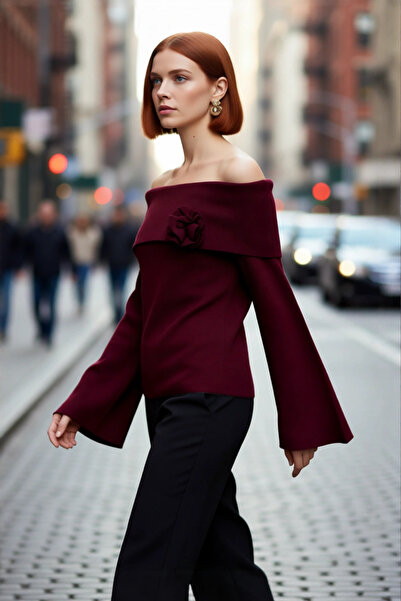 PayBuy Women's Rose Detailed Carmen Collar Knitwear Sweater Modern Stylish Regular Fit Bell Sleeve Comfortable Use Quality